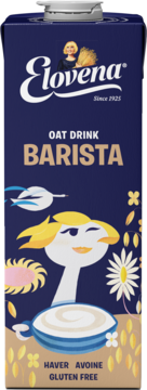 Ciemnoniebieski karton Elovena Oat Drink Barista, bezglutenowy napój owsiany, widok z przodu z ilustracją kobiety i filiżanki.