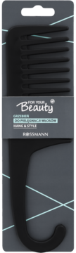 Czarny grzebień z szerokimi zębami For Your Beauty Hang & Style, widok z przodu w ciemnym opakowaniu Rossmann.