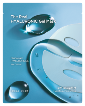 Holika Holika The Real Hyaluronic Gel Mask, błękitne opakowanie z wizualizacją żelu i konturem maski w płachcie.