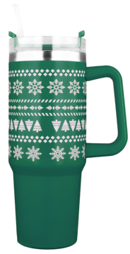 Zielony kubek 360ml z rączką i białą słomką, ozdobiony białym, zimowym wzorem płatków śniegu i choinek, widok z boku.