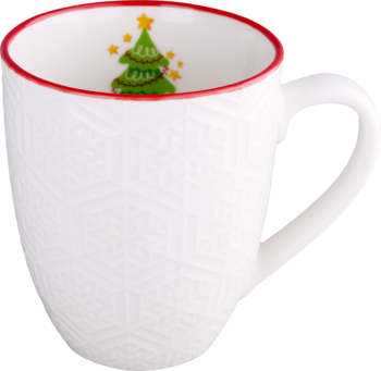 Świąteczny kubek z porcelany, biały z czerwonym rantem, choinką w środku i reliefowym wzorem śnieżynek.