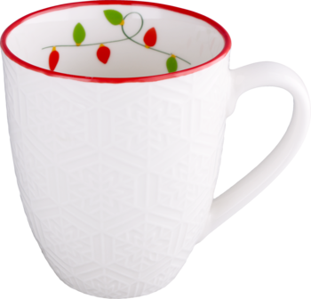 Biały kubek porcelanowy z geometrycznym wzorem, czerwonym rantem i malowanymi lampkami świątecznymi wewnątrz, widok z boku.