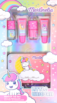Zestaw Martinelia Little Unicorn: metalowa kosmetyczka i 4 błyszczyki w opakowaniu, widok z przodu.