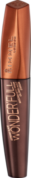 Rimmel Wonder'full mascara z olejkiem arganowym w ciemnobrązowej butelce z miedzianą nakrętką, widok z przodu.