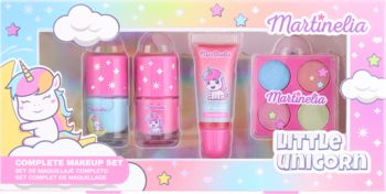 Martinelia Little Unicorn zestaw do makijażu dla dzieci w pastelowym pudełku z jednorożcem: 2 lakiery, błyszczyk, cienie.