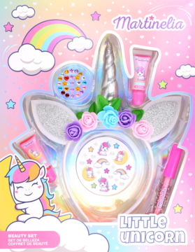 Martinelia Little Unicorn Beauty Set: kosmetyki dla dzieci w holograficznej jednorożcowej paletce, pełny widok.