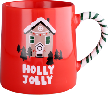 Czerwony porcelanowy kubek świąteczny, front. Z grafiką piernikowego domku, napisem Holly Jolly i uchwytem jak cukrowa laska.