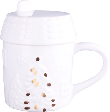 Biały kubek porcelanowy z pokrywką w kształcie dachu, ozdobiony choinką ze złotymi detalami, widok z przodu.