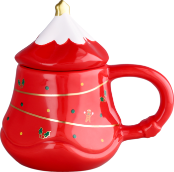 Czerwony porcelanowy kubek świąteczny z pokrywką w kształcie choinki, ze złotymi dekoracjami, widok z przodu.
