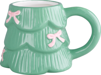 Zielony kubek porcelanowy w kształcie choinki, z teksturą i różowymi kokardkami, widok z przodu.