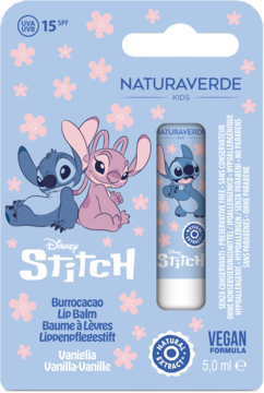 Naturaverde Kids Disney Stitch waniliowy balsam do ust SPF 15, w jasnoniebieskim opakowaniu z postaciami Stitch i Angel.