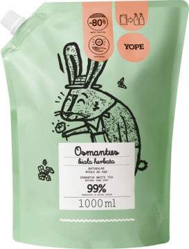 Yope Osmanthus Biała Herbata mydło do rąk, zielona torebka uzupełniająca 1000ml z królikiem, widok z przodu.