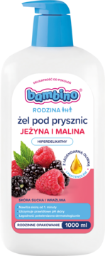 Bambino hiperdelikatny żel pod prysznic Jeżyna i Malina 1000ml, biała butelka z niebieską pompką, widok z przodu.