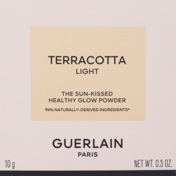 Guerlain Terracotta Light puder rozświetlający, beżowe opakowanie z ciemnym napisem, widok z przodu.