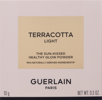 Guerlain Terracotta Light Healthy Glow Powder, jasnoróżowe pudełko z 96% naturalnych składników, widok z przodu.