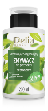 Delia acetonowy zmywacz do paznokci 200ml, wzmacniająco-regenerujący, z olejem marula i arganowym, vegan, front.