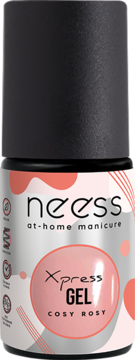 Neess Xpress Gel Cosy Rosy, różowy żel w pędzelku do paznokci w butelce z czarną nakrętką, widok z przodu.