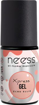 Neess Xpress Gel Ecru Ellie, żel do paznokci w butelce z jasną etykietą i beżową próbką koloru, czarna nakrętka.
