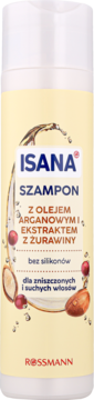 Isana szampon z olejem arganowym i żurawiną, bez silikonów, dla włosów zniszczonych, beżowa butelka, front.