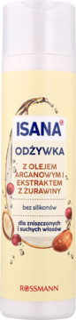 ISANA ODŻYWKA z olejem arganowym i żurawiną, do włosów zniszczonych i suchych, bez silikonów, widok z przodu.