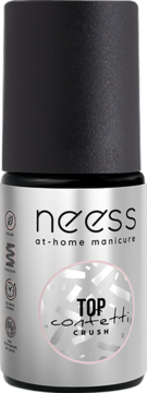 Neess Confetti Crush top coat, srebrna butelka z czarną nakrętką, na etykiecie efekt brokatu konfetti.