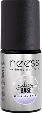 Neess Galaxy Base Milk Glitter, baza hybrydowa z brokatem, srebrna butelka z czarną nakrętką, widok z przodu.