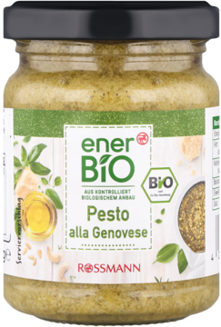 Szklany słoik zielonego enerBIO Pesto alla Genovese z czarną nakrętką. Etykieta z napisem BIO i motywem bazylii. Widok z przodu.