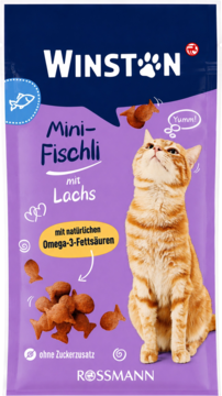 Winston Mini-Fischli z łososiem, fioletowa torebka przysmaków dla kota z Omega-3, z wizerunkiem kota i rybek.