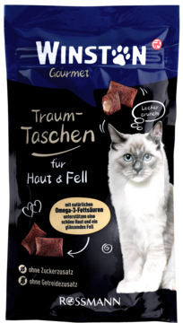Winston Gourmet Traum-Taschen, przysmaki dla kota na skórę i sierść, niebieska paczka z kotem, Omega-3.