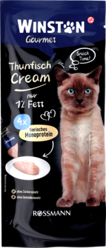 Winston Gourmet Thunfisch Cream, kremowy przysmak dla kota, czarna torebka, 1% tłuszczu, monobiałko, widok z przodu.