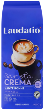 Niebieska torba kawy ziarnistej Laudatio Barista Crema, 100% Arabica. Przód z filiżanką latte art i ziarnami kawy.