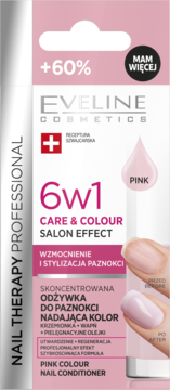 Eveline Cosmetics 6w1 Pink odżywka do paznokci wzmacniająca z kolorem, różowo-białe opakowanie, widok z przodu.