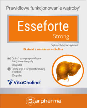 Esseforte Strong suplement diety w biało-pomarańczowym pudełku z ikoną wątroby, wspierający jej funkcje.
