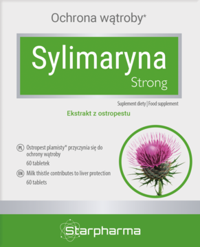 Sylimaryna Strong Starpharma, suplement diety. Biało-zielone opakowanie z fioletowym kwiatem ostropestu, 60 tabletek, przód.