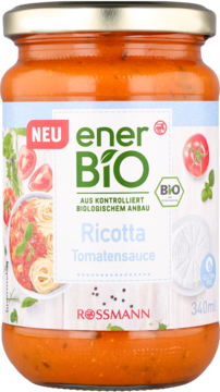 Słoik enerBiO ekologicznego sosu pomidorowego z ricottą 340ml, wegetariański, bezglutenowy, widok z przodu.