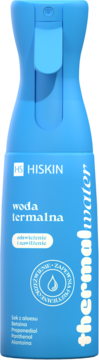 HiSkin Thermal Water niebieska butelka sprayu, widok z przodu, białe napisy, odświeża i nawilża skórę.