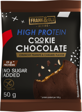 Frank & Oli proteinowe ciastko czekoladowe 50g, z chrupiącymi orzeszkami i karmelem, bez cukru, widok z przodu.