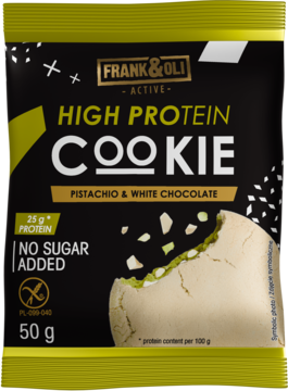 Frank & Oli Active High Protein Cookie, Pistachio & White Chocolate, 50g. Black/yellow package, bitten cookie with pistachios.
