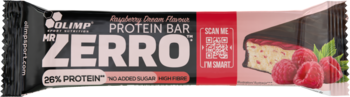 Baton proteinowy Olimp Mr Zerro Raspberry w czarno-różowym opakowaniu z widocznym przekrojem i malinami.