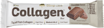 Baton Olimp Labs Collagen o smaku czekoladowym. Białe opakowanie, widok z przodu, 5g kolagenu rybiego.
