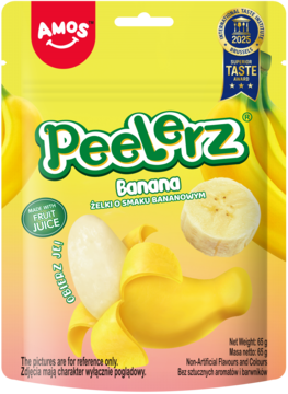 Żelki Amos Peelerz bananowe, żółte opakowanie, przód. Widok na obraną żelkę przypominającą banana i plasterki.