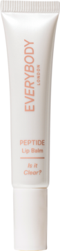 Everybody London Peptide Lip Balm Is it Clear? w kremowej tubce, pionowy widok z przodu, brzoskwiniowy tekst.