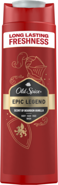 Czerwony żel pod prysznic Old Spice Epic Legend Bourbon Vanilla 3w1, widok z przodu, z napisem LONG LASTING FRESHNESS.