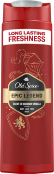 Czerwony żel Old Spice Epic Legend 3w1, długotrwała świeżość. Widok z przodu, etykieta z hełmem rycerza i wanilią Bourbon.