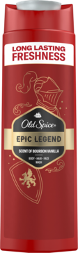 Czerwony żel Old Spice Epic Legend 3w1, długotrwała świeżość. Widok z przodu, etykieta z hełmem rycerza i wanilią Bourbon.