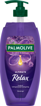 Palmolive Aroma Essence Ultimate Relax żel, fioletowa butelka z lawendą i ylang-ylang, zielona pompka, widok przód.
