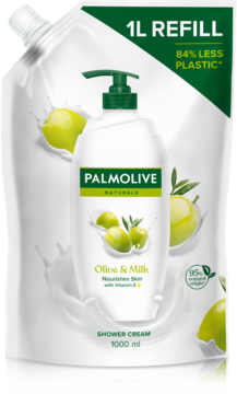 Palmolive Naturals Olive & Milk żel pod prysznic, biały refill 1L z oliwkami, zielony korek, 84% mniej plastiku.