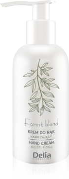 Biała butelka kremu do rąk Delia Forest Blend z zieloną ilustracją liści i pompką, widok z przodu.