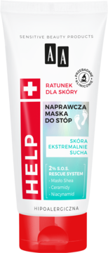AA Help+ Naprawcza maska do stóp, biała tuba z czerwonym napisem HELP i niebieskimi detalami, widok z przodu.