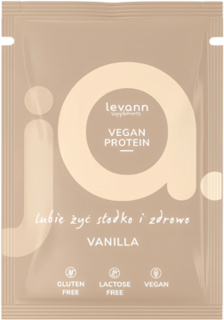 Wegańskie białko Levann Protein Vanilla w beżowej saszetce, widok z przodu, bez glutenu i laktozy.